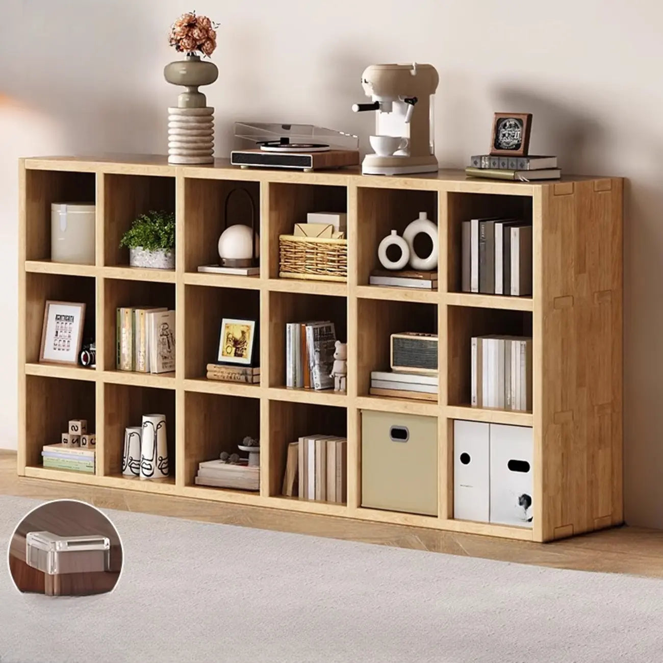 Bibliothèque horizontale moderne en bois à 8 cubes, finition naturelle