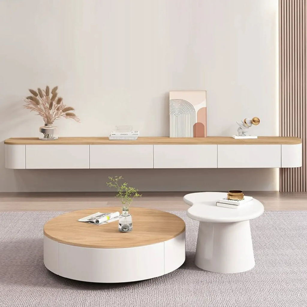 Mobile TV sospeso contemporaneo in legno bianco lungo con cassetti