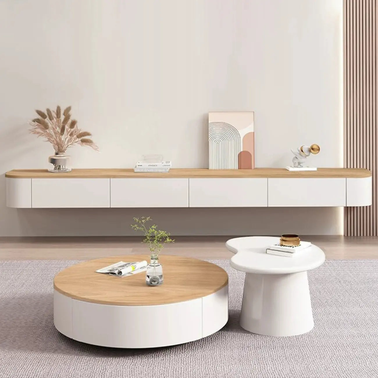 Mobile TV sospeso contemporaneo in legno bianco lungo con cassetti