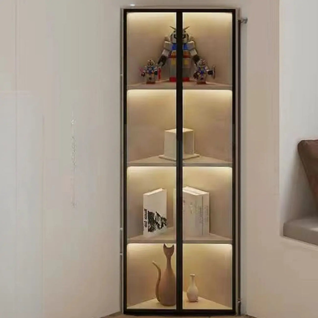 Vitrine d'angle moderne en métal gris et bois avec porte vitrée