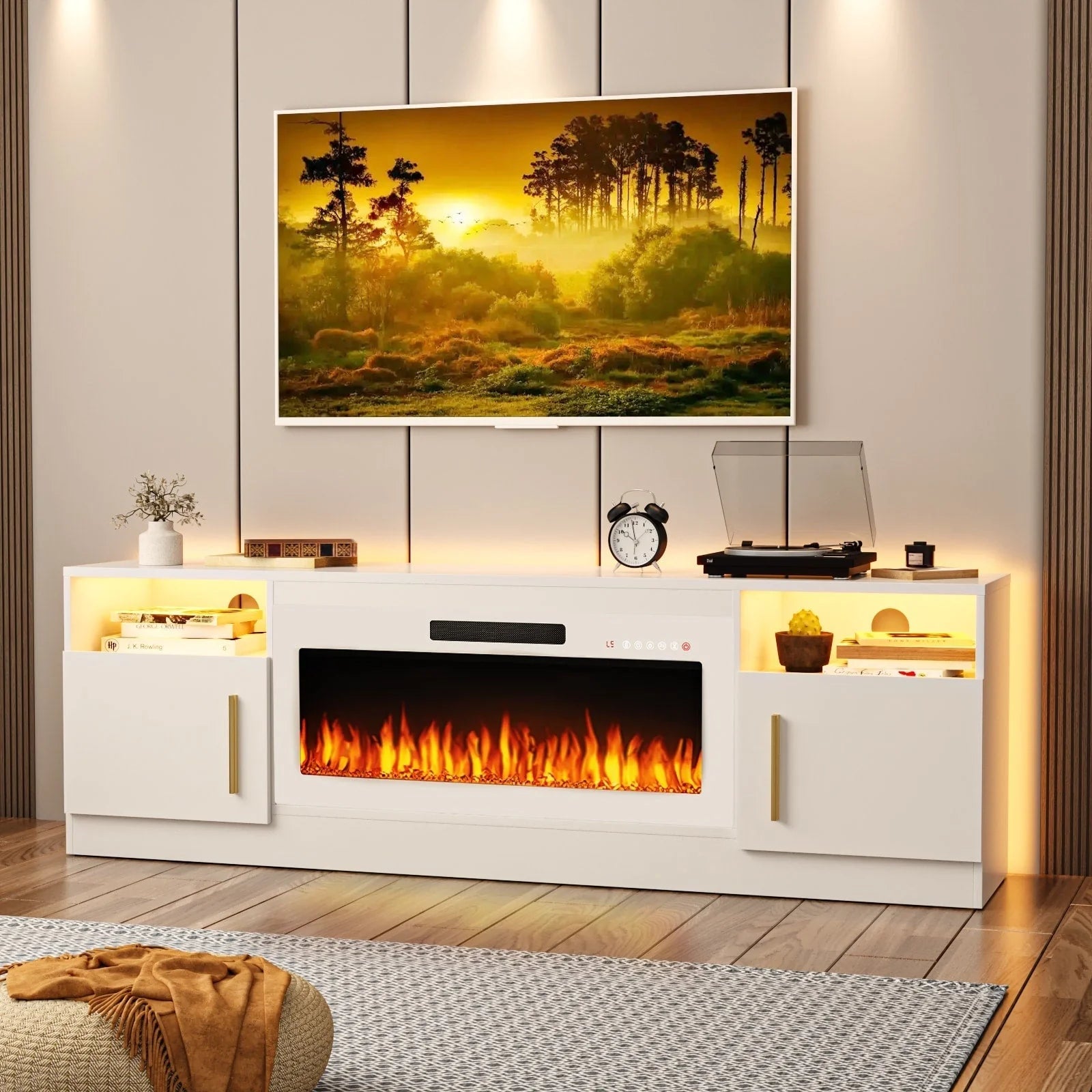 Meuble TV Bossin 70 avec cheminée électrique 36 pouces, compatible avec les téléviseurs jusqu'à 80 pouces, éclairage LED 16 couleurs/centre multimédia