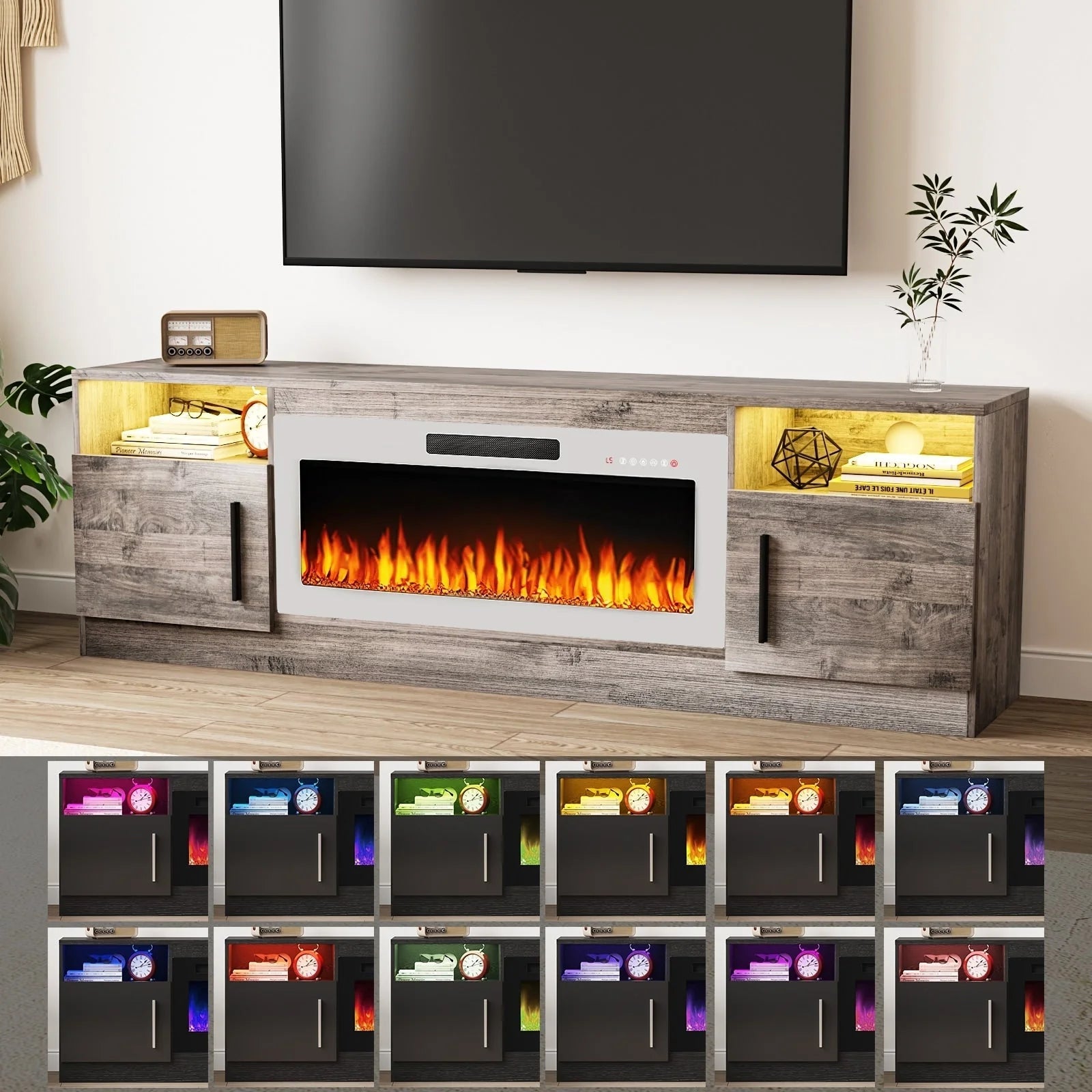 Meuble TV Bossin 70 avec cheminée électrique 36 pouces, compatible avec les téléviseurs jusqu'à 80 pouces, éclairage LED 16 couleurs/centre multimédia