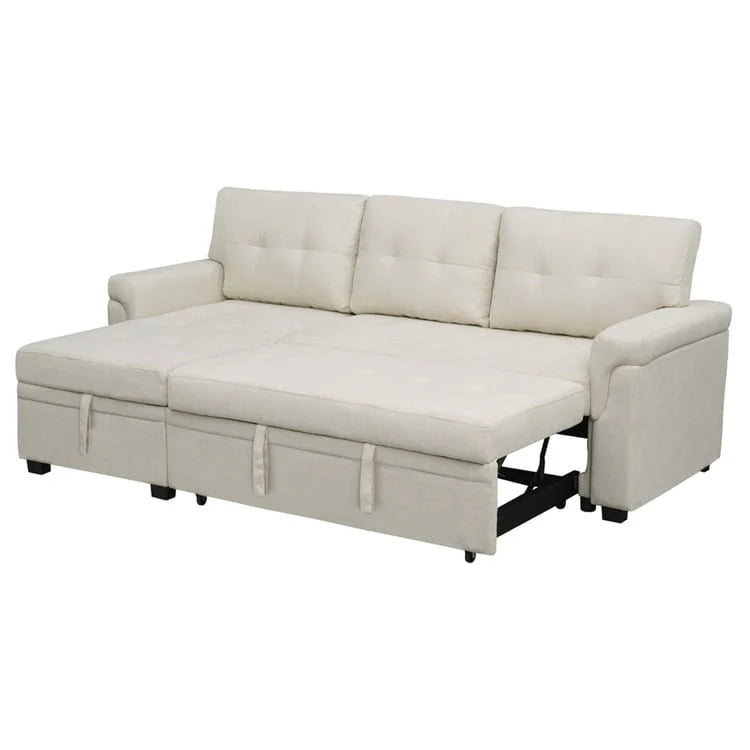 Canapé d'angle convertible et réversible avec lit gigogne, méridienne de rangement dissimulée et pieds robustes.