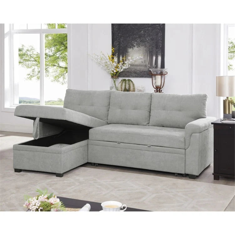Canapé d'angle convertible et réversible avec lit gigogne, méridienne de rangement dissimulée et pieds robustes.