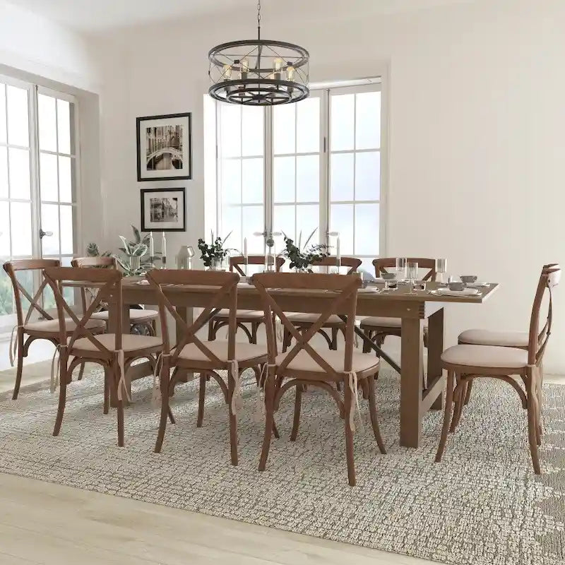 Set tavolo da fattoria pieghevole rustico 8 x 40 con 10 sedie a croce e cuscini