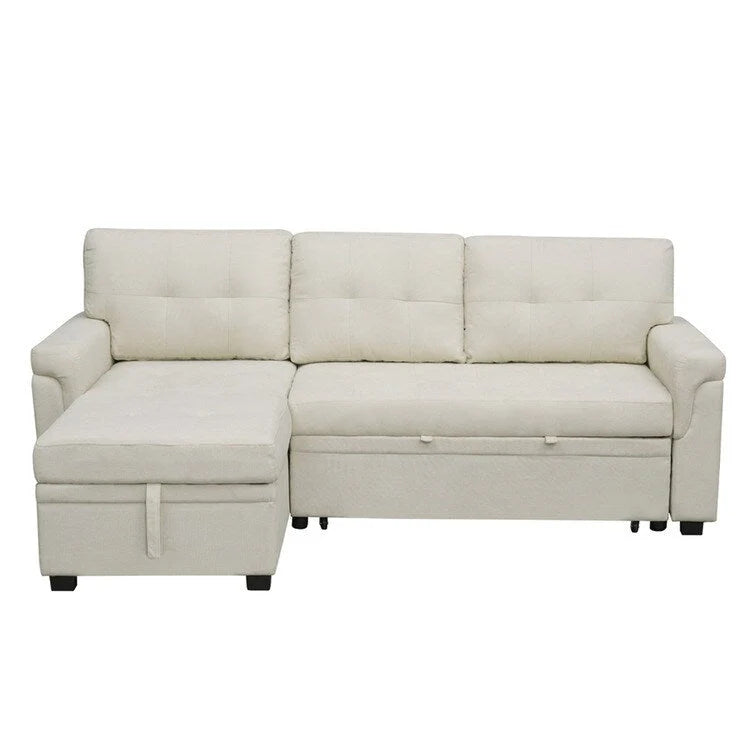Canapé d'angle convertible et réversible avec lit gigogne, méridienne de rangement dissimulée et pieds robustes.