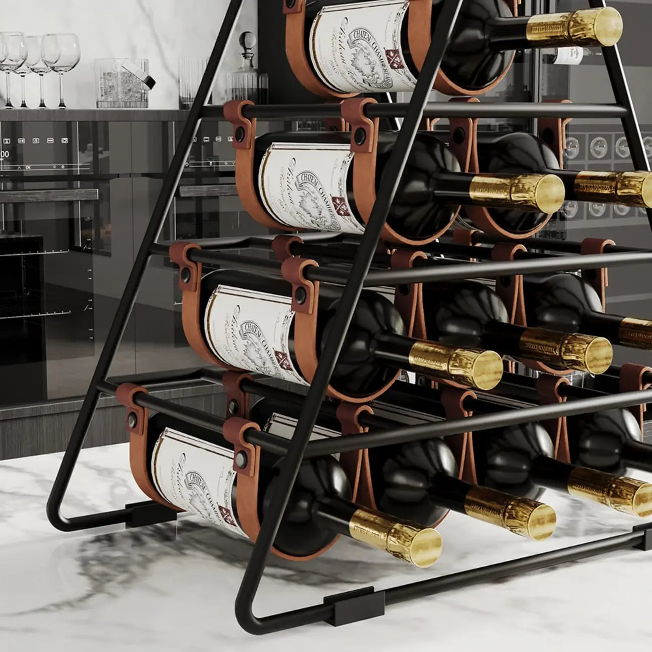 Porte-bouteilles triangulaire industriel en métal noir pour comptoir, 10 bouteilles
