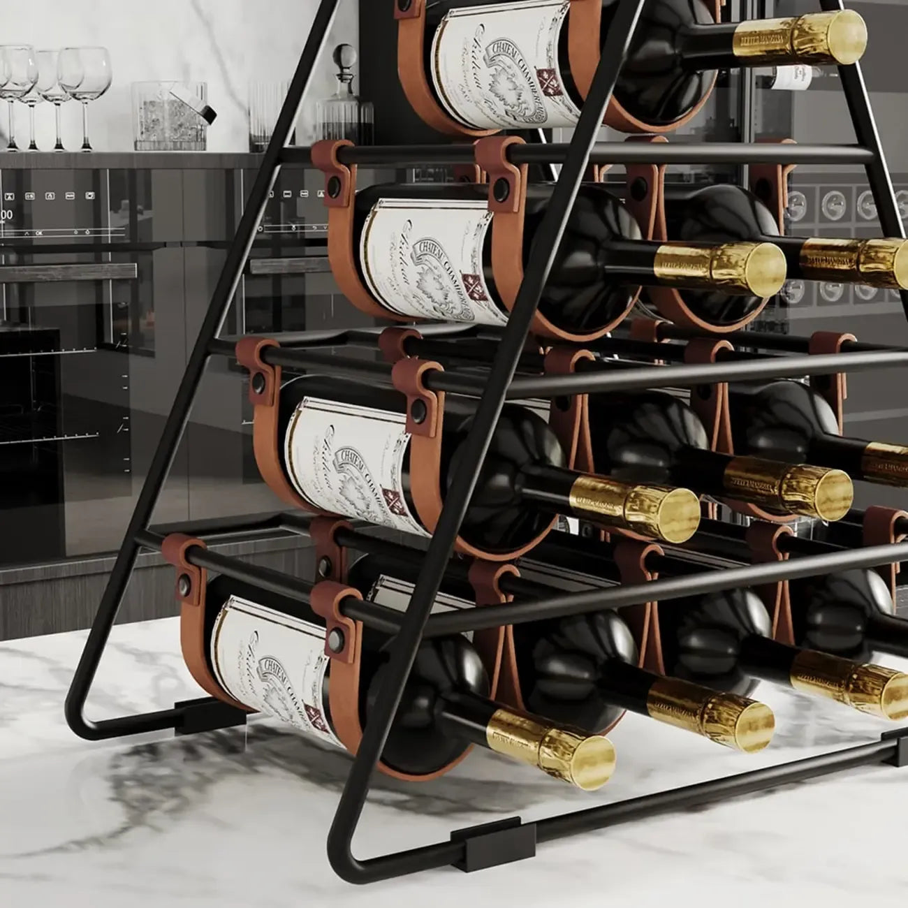 Porte-bouteilles triangulaire industriel en métal noir pour comptoir, 10 bouteilles