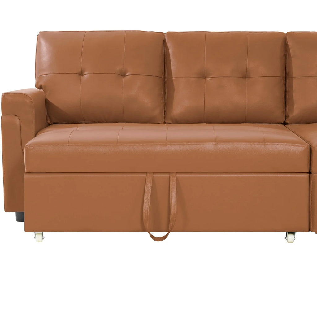 Canapé d'angle convertible et réversible avec lit gigogne, méridienne de rangement dissimulée et pieds robustes.