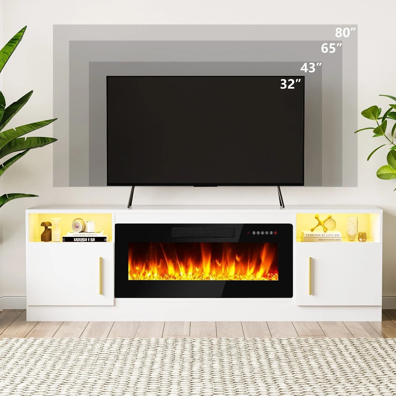 Meuble TV Bossin 70 avec cheminée électrique 36 pouces, compatible avec les téléviseurs jusqu'à 80 pouces, éclairage LED 16 couleurs/centre multimédia
