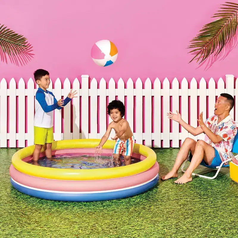 Piscine Ronde pour Enfants 3 Anneaux 105 gal 27 x 10,5 x 38 cm - Jaune/Rose/Bleu Marine - Sun Squad™ : PVC Gonflable pour Enfants