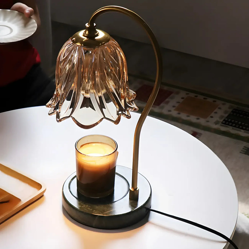Lampe de chevet élégante en verre à motif floral avec pied porte-gobelet