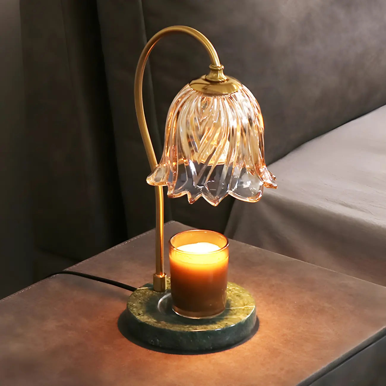 Lampe de chevet élégante en verre à motif floral avec pied porte-gobelet