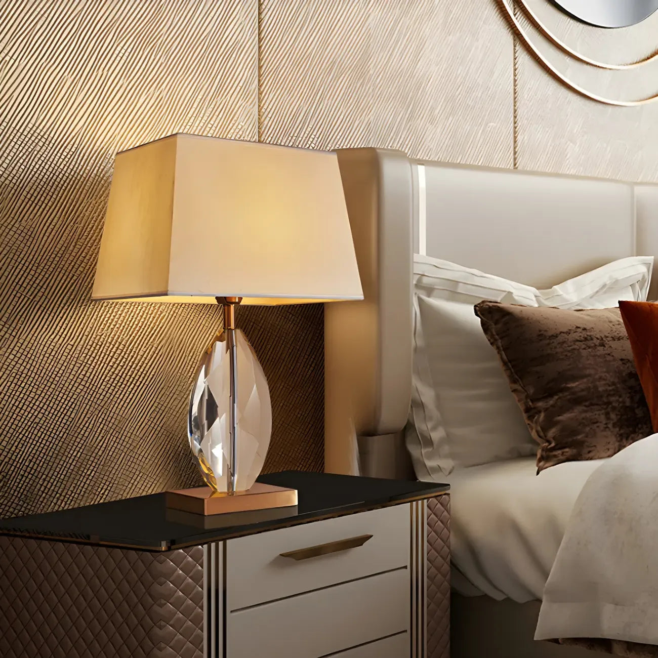 Lampe de chevet en cristal de luxe, abat-jour rectangulaire beige