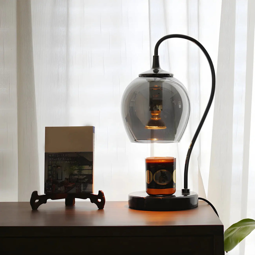 Lampe de table moderne en métal noir et verre avec socle porte-gobelet