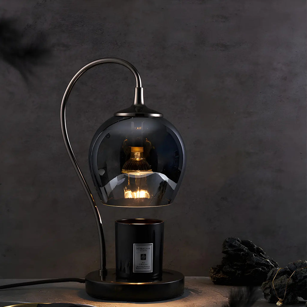 Lampe de table moderne en métal noir et verre avec socle porte-gobelet