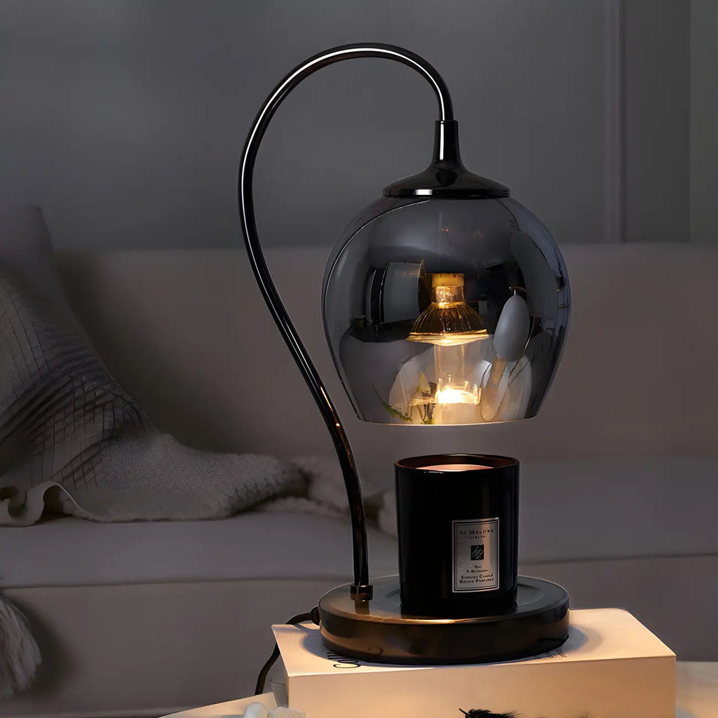 Lampe de table moderne en métal noir et verre avec socle porte-gobelet