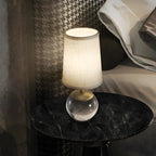 Lampe de chevet élégante en verre transparent, abat-jour géométrique blanc
