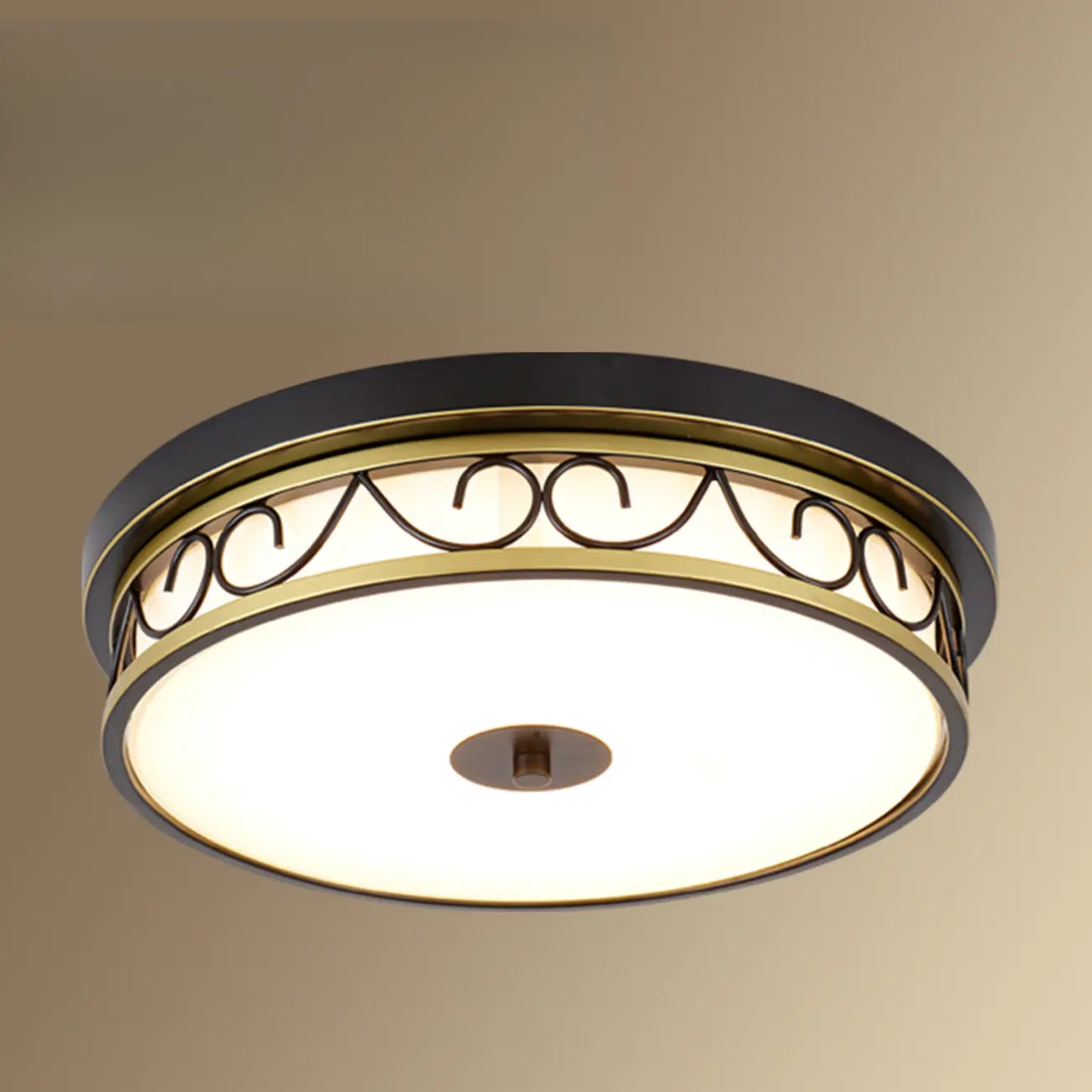 Plafonnier encastré classique en métal noir et verre, style tambour