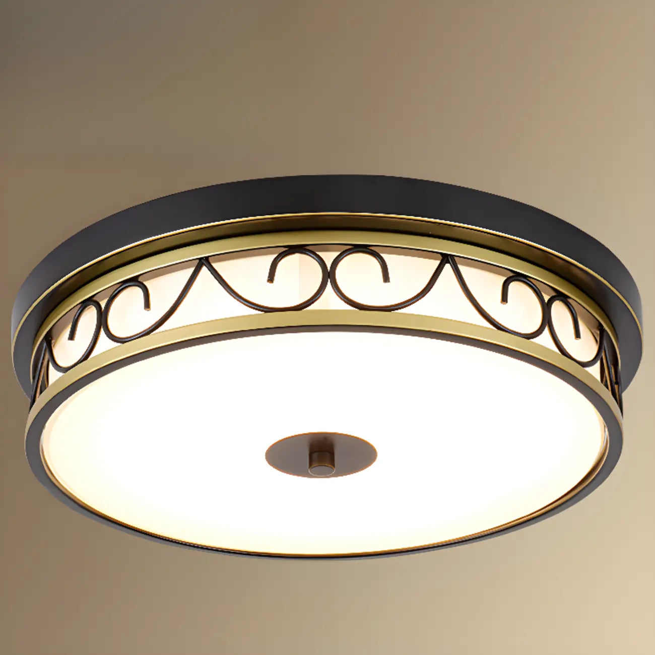 Plafonnier encastré classique en métal noir et verre, style tambour