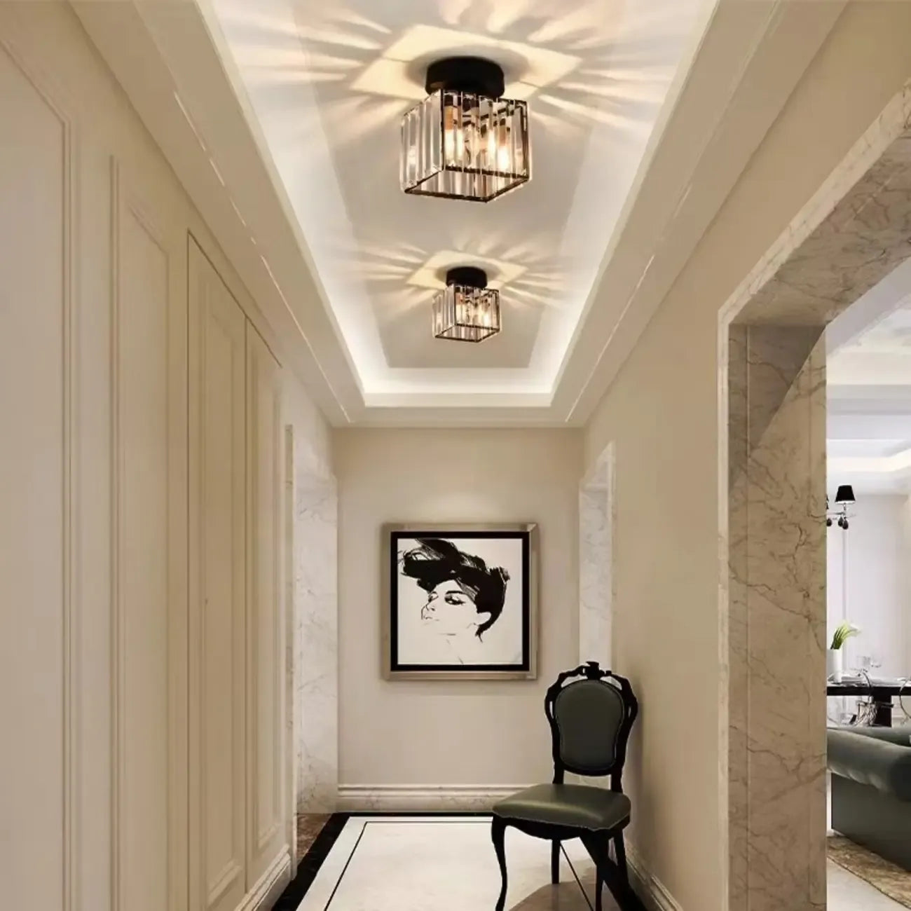 Plafonnier semi-encastré élégant en cristal pour salon