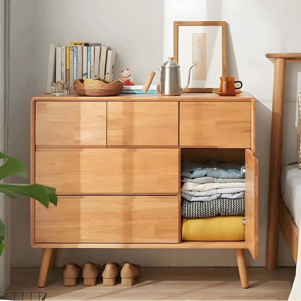 Commode compacte en bois naturel avec armoire et tiroirs