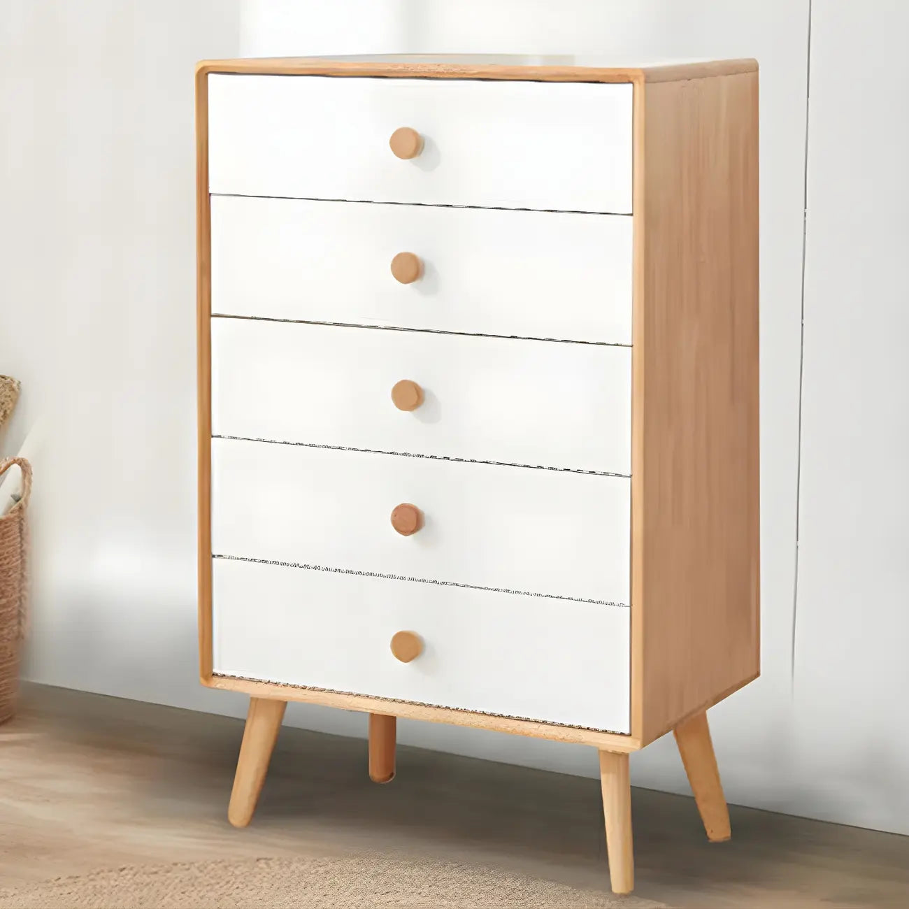 Commode compacte en bois naturel avec armoire et tiroirs
