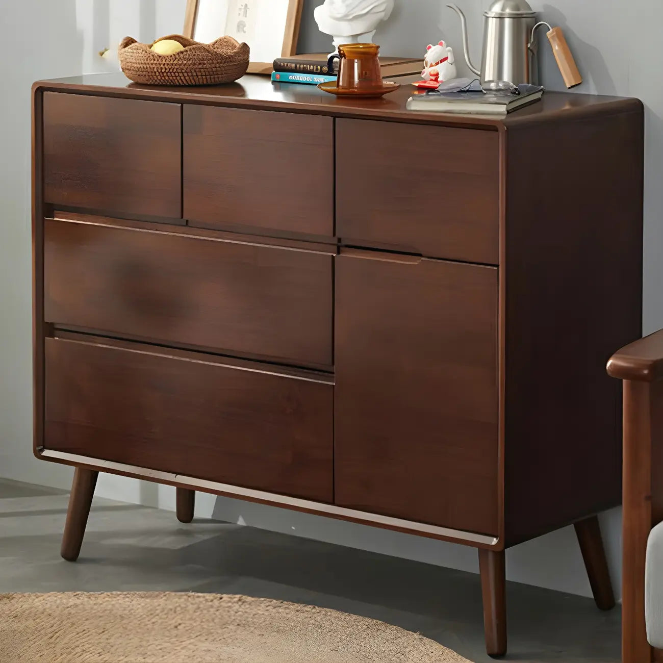 Commode compacte en bois naturel avec armoire et tiroirs