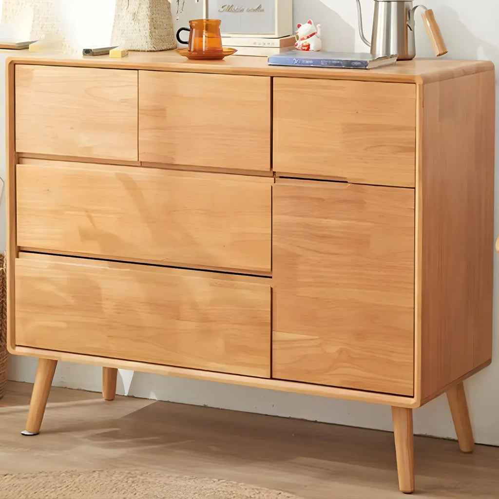Commode compacte en bois naturel avec armoire et tiroirs