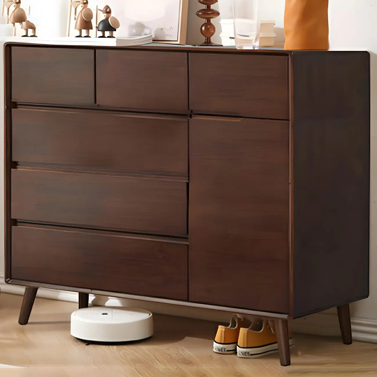 Commode compacte en bois naturel avec armoire et tiroirs