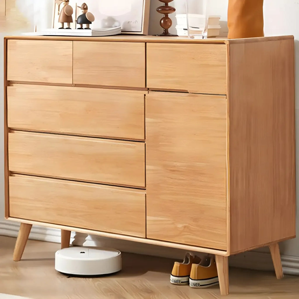 Commode compacte en bois naturel avec armoire et tiroirs