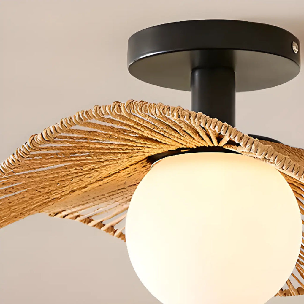 Plafonnier semi-encastré oriental à LED avec abat-jour en rotin