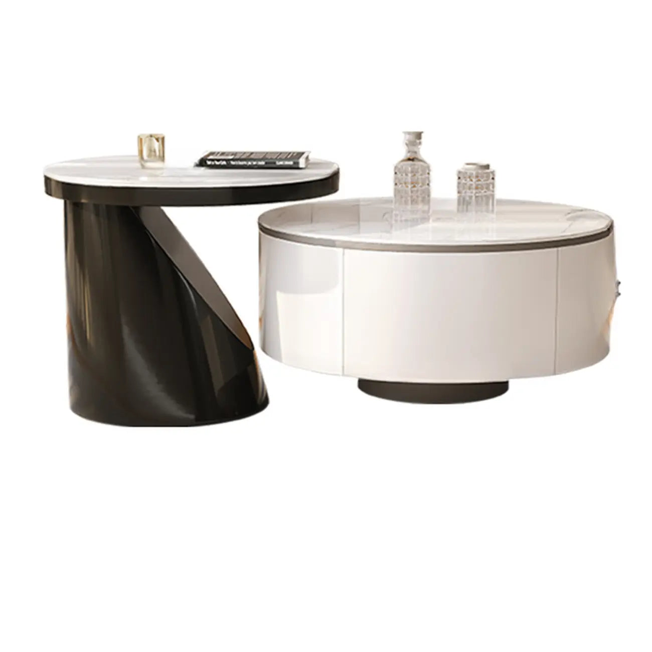Élégante table basse ronde gigogne d'intérieur avec 2 tiroirs