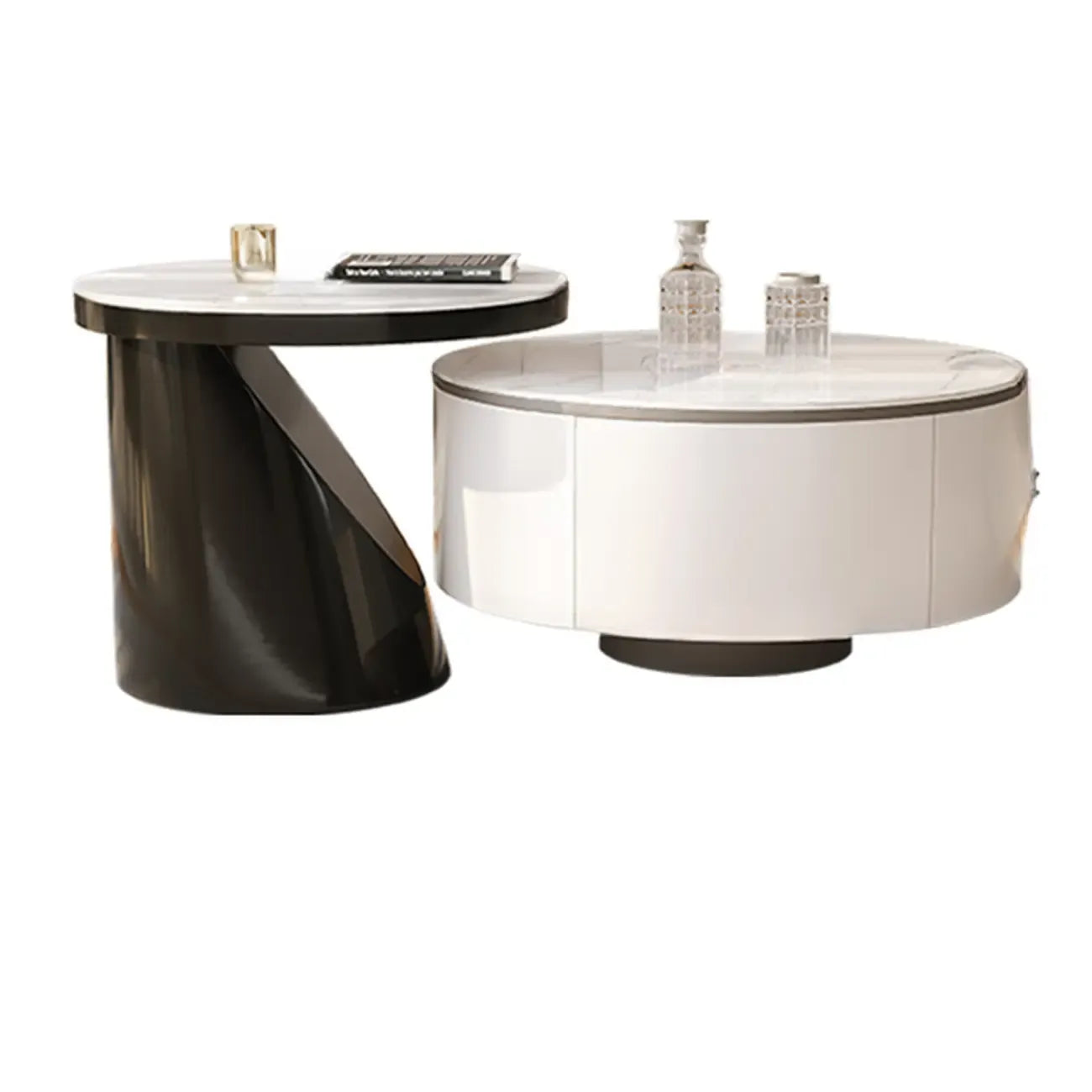 Élégante table basse ronde gigogne d'intérieur avec 2 tiroirs