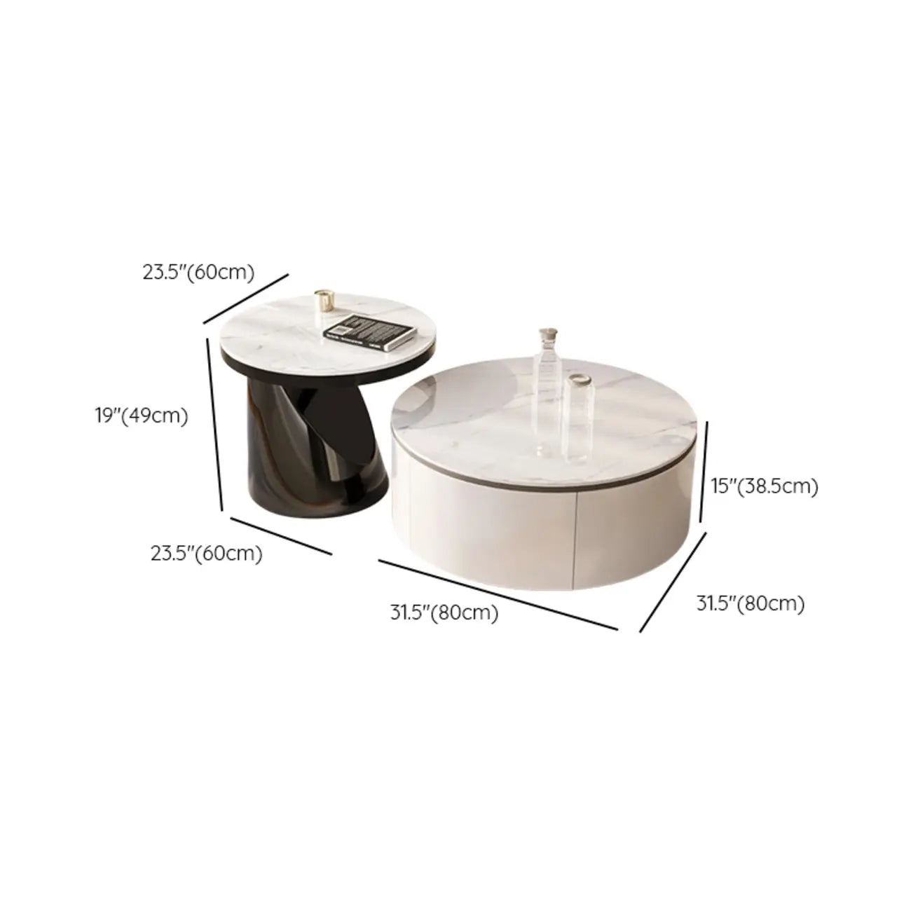 Élégante table basse ronde gigogne d'intérieur avec 2 tiroirs