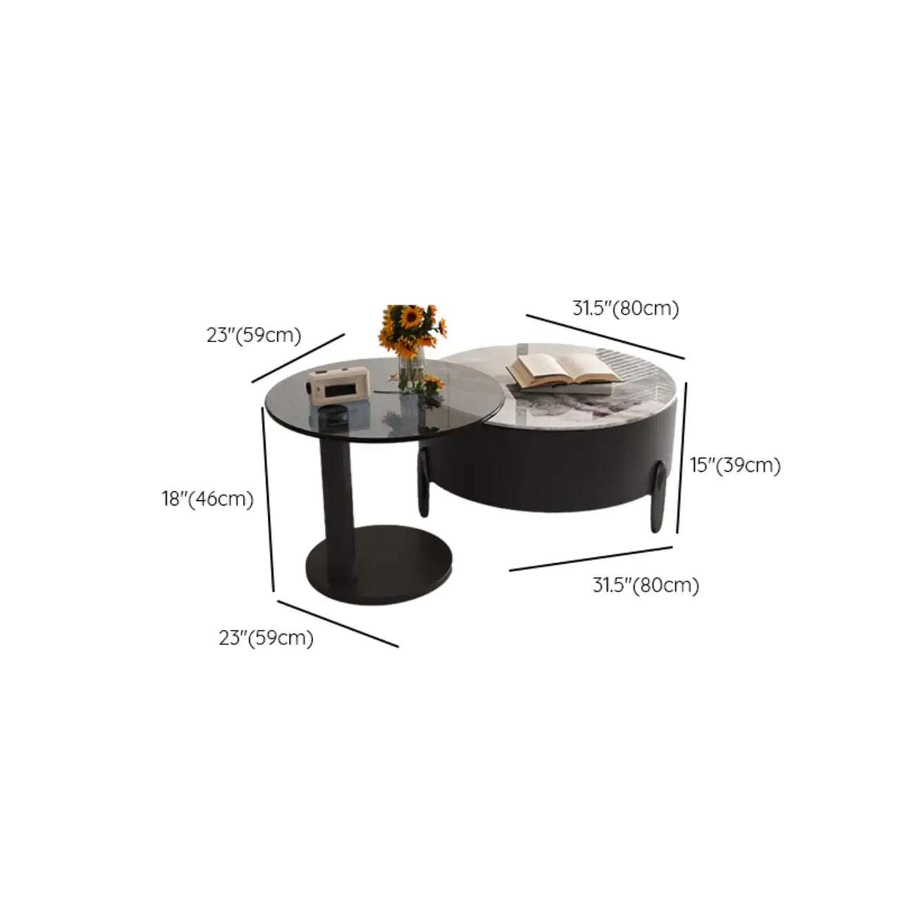 Élégante table basse ronde gigogne d'intérieur avec 2 tiroirs