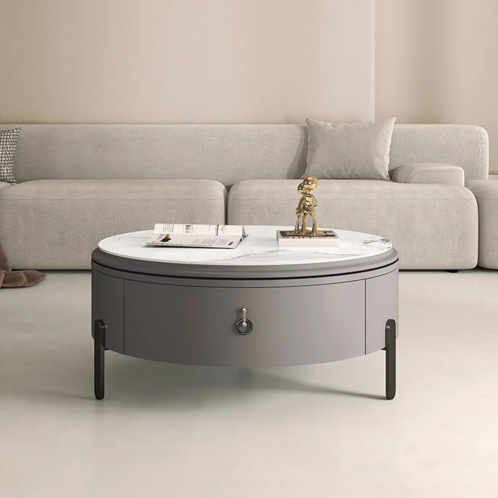 Table basse gigogne ronde grise avec rangement et plateau relevable