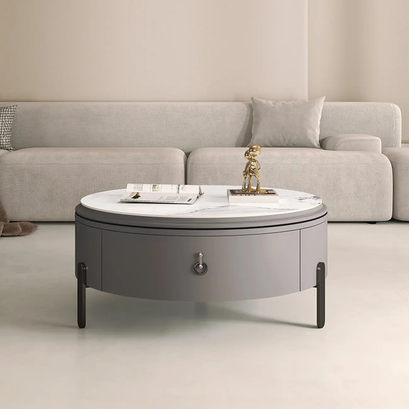 Table basse gigogne ronde grise avec rangement et plateau relevable