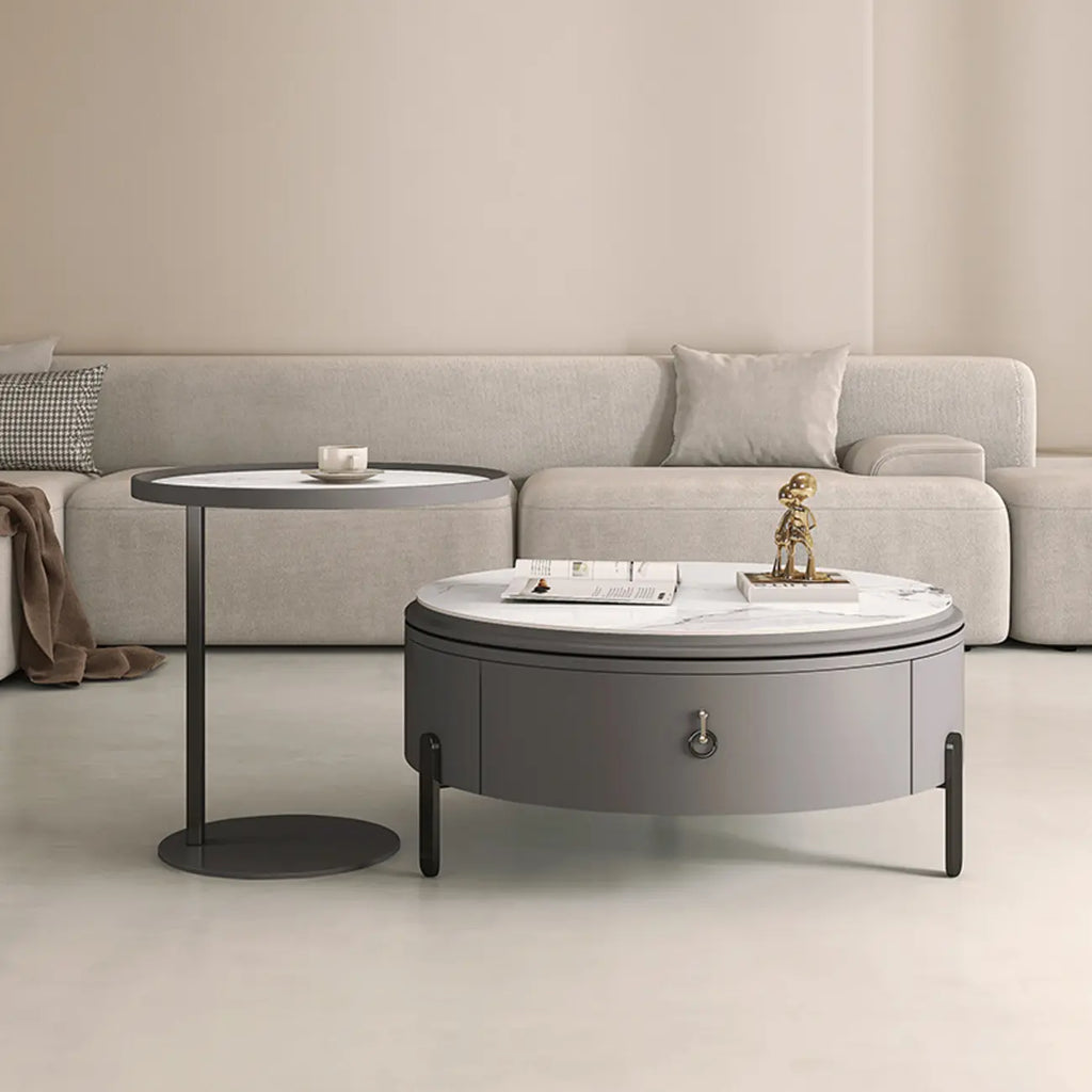 Table basse gigogne ronde grise avec rangement et plateau relevable