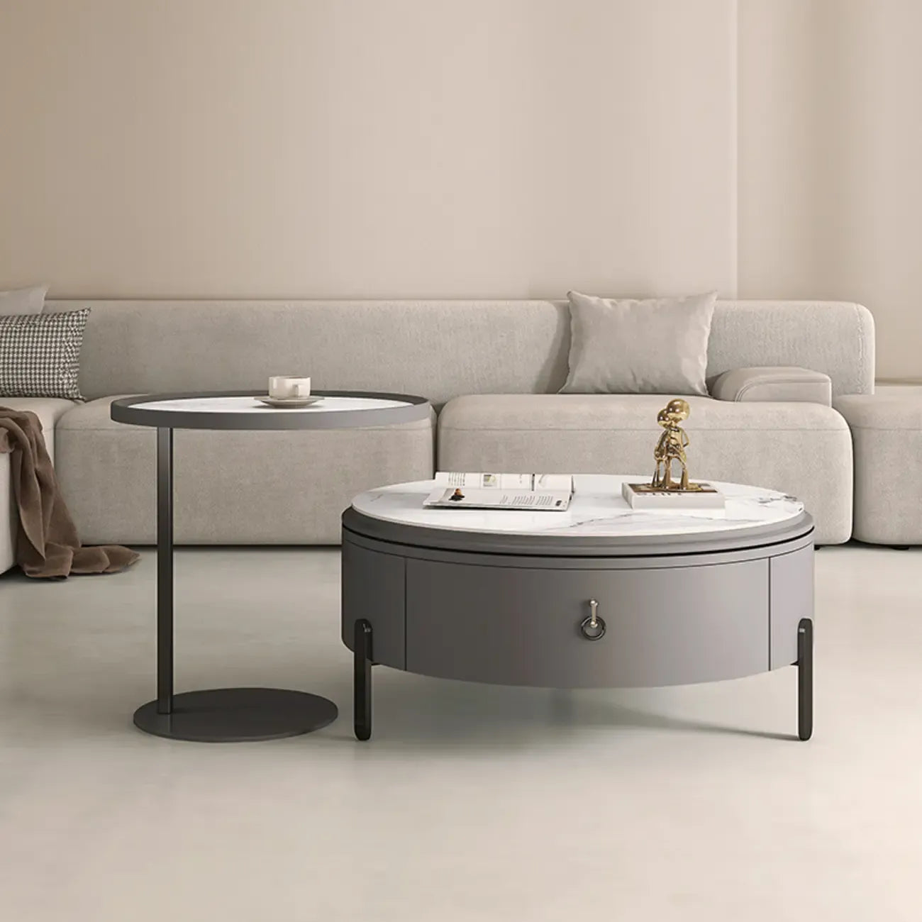 Table basse gigogne ronde grise avec rangement et plateau relevable