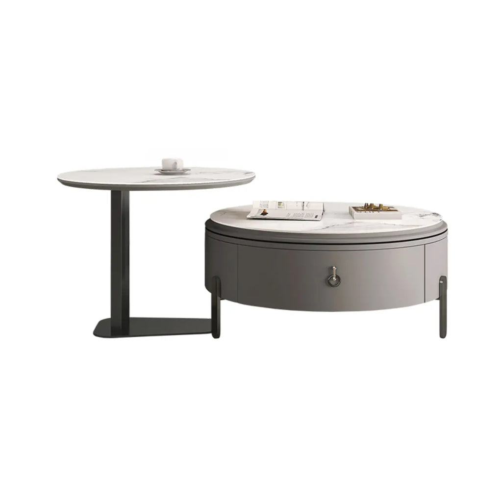 Table basse gigogne ronde grise avec rangement et plateau relevable