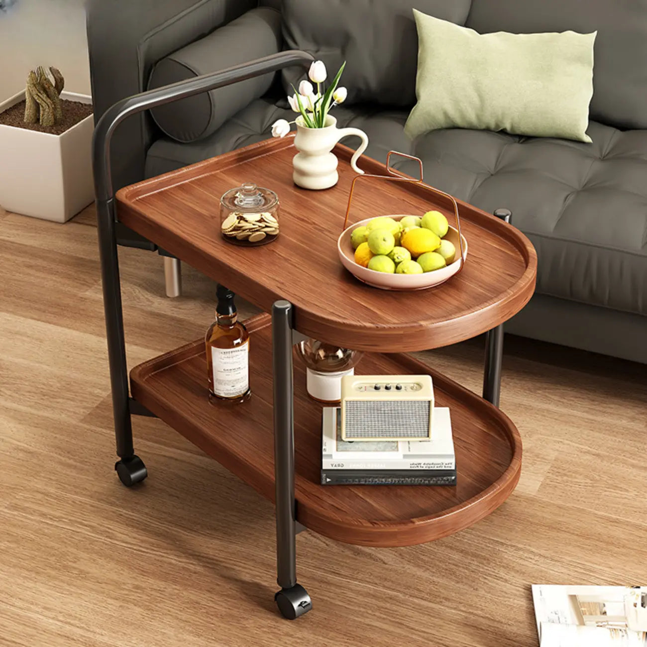 Table basse ronde moderne en bois à deux niveaux avec roulettes et plateau