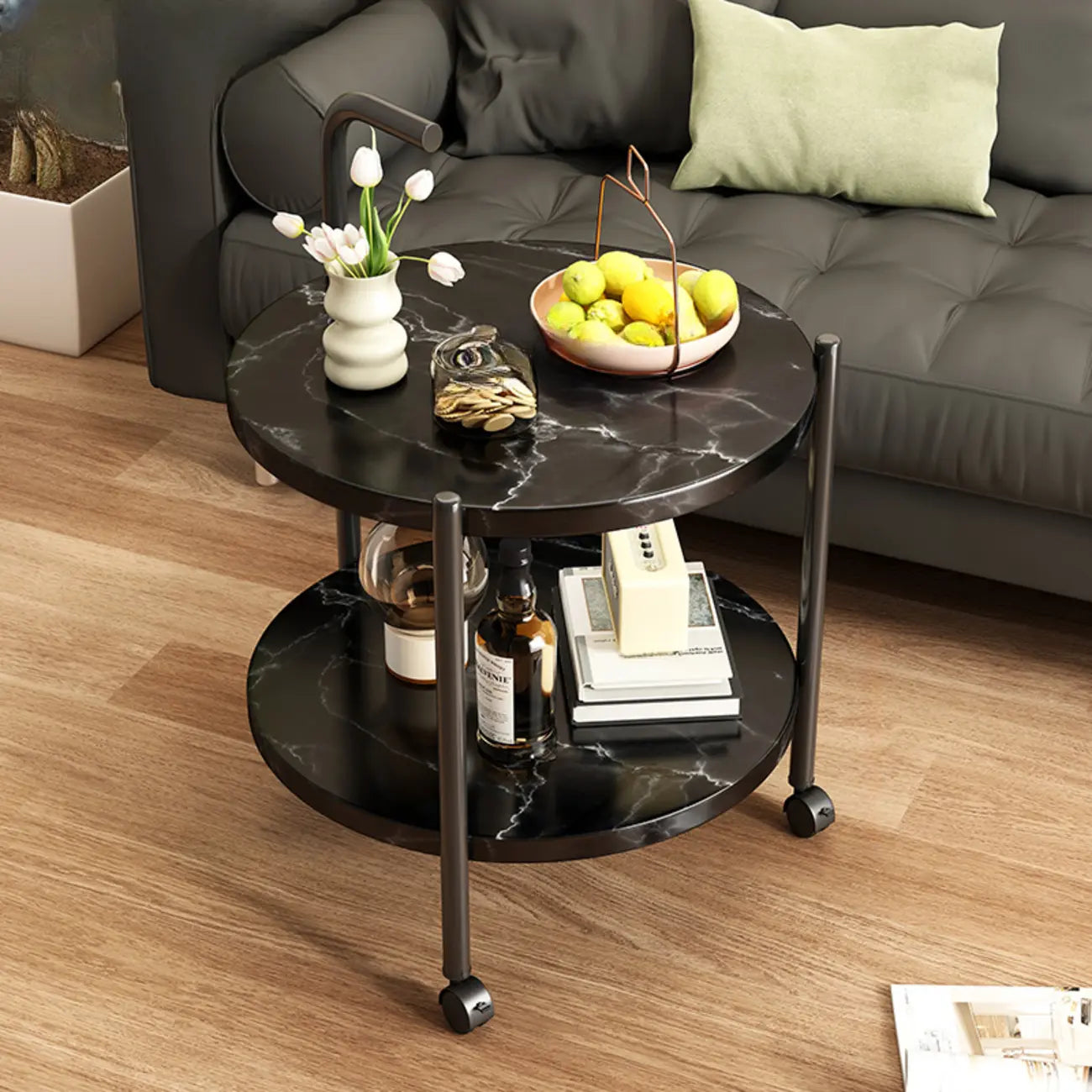 Table basse ronde moderne en bois à deux niveaux avec roulettes et plateau