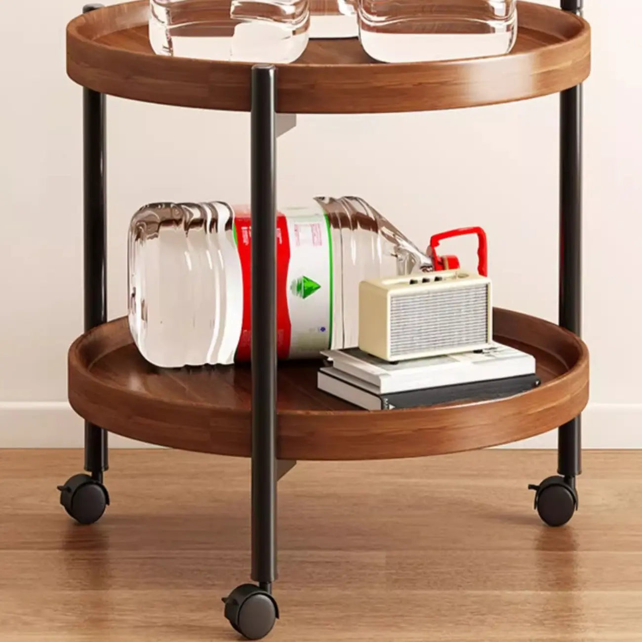 Table basse ronde moderne en bois à deux niveaux avec roulettes et plateau