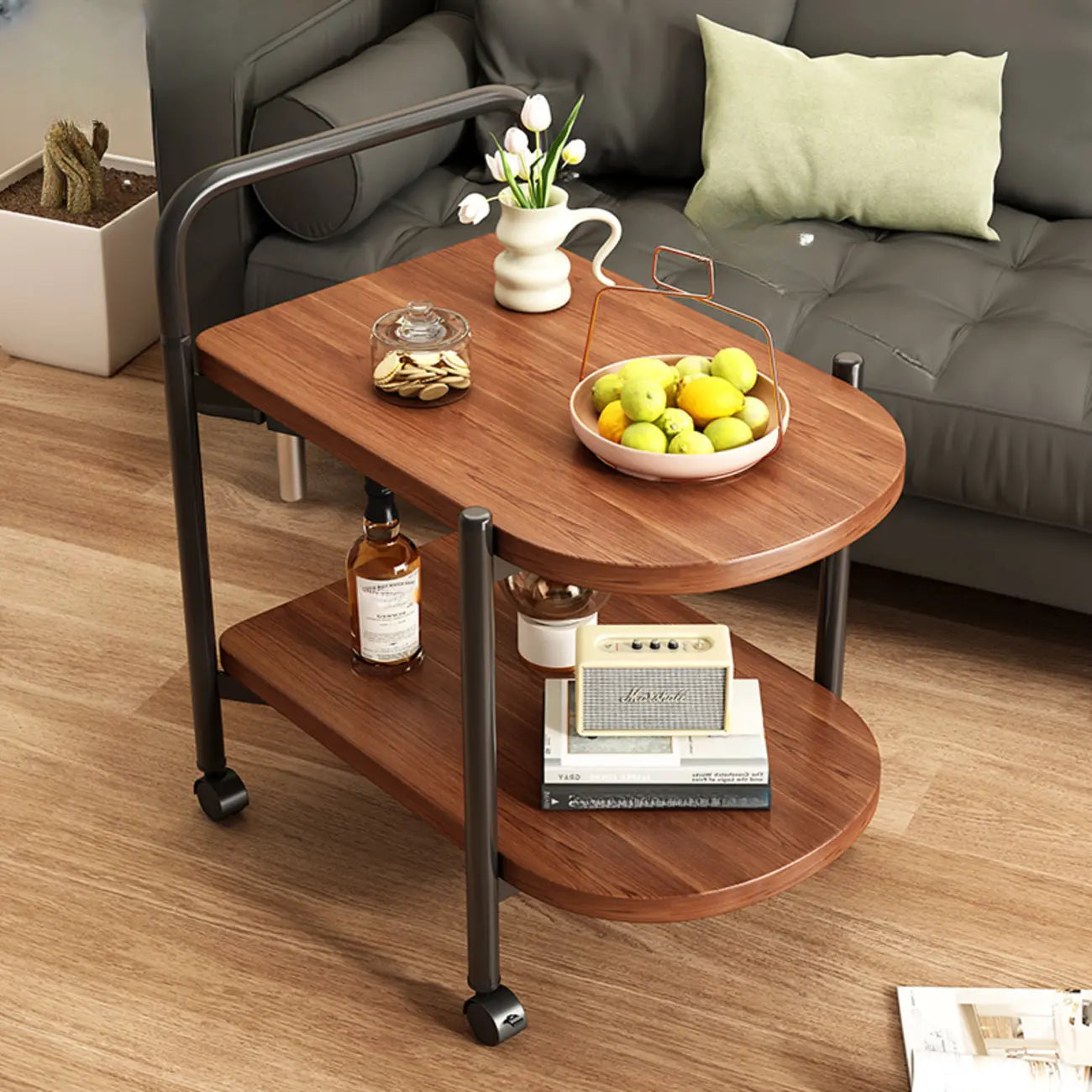 Table basse ronde moderne en bois à deux niveaux avec roulettes et plateau