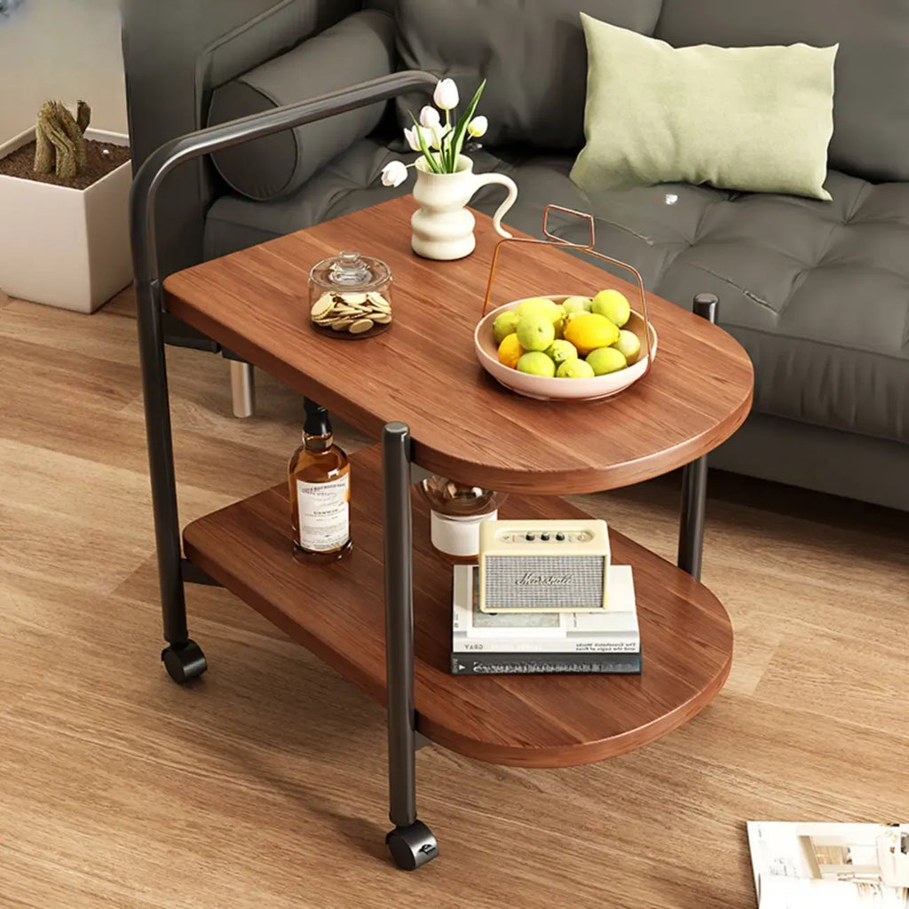 Table basse ronde moderne en bois à deux niveaux avec roulettes et plateau
