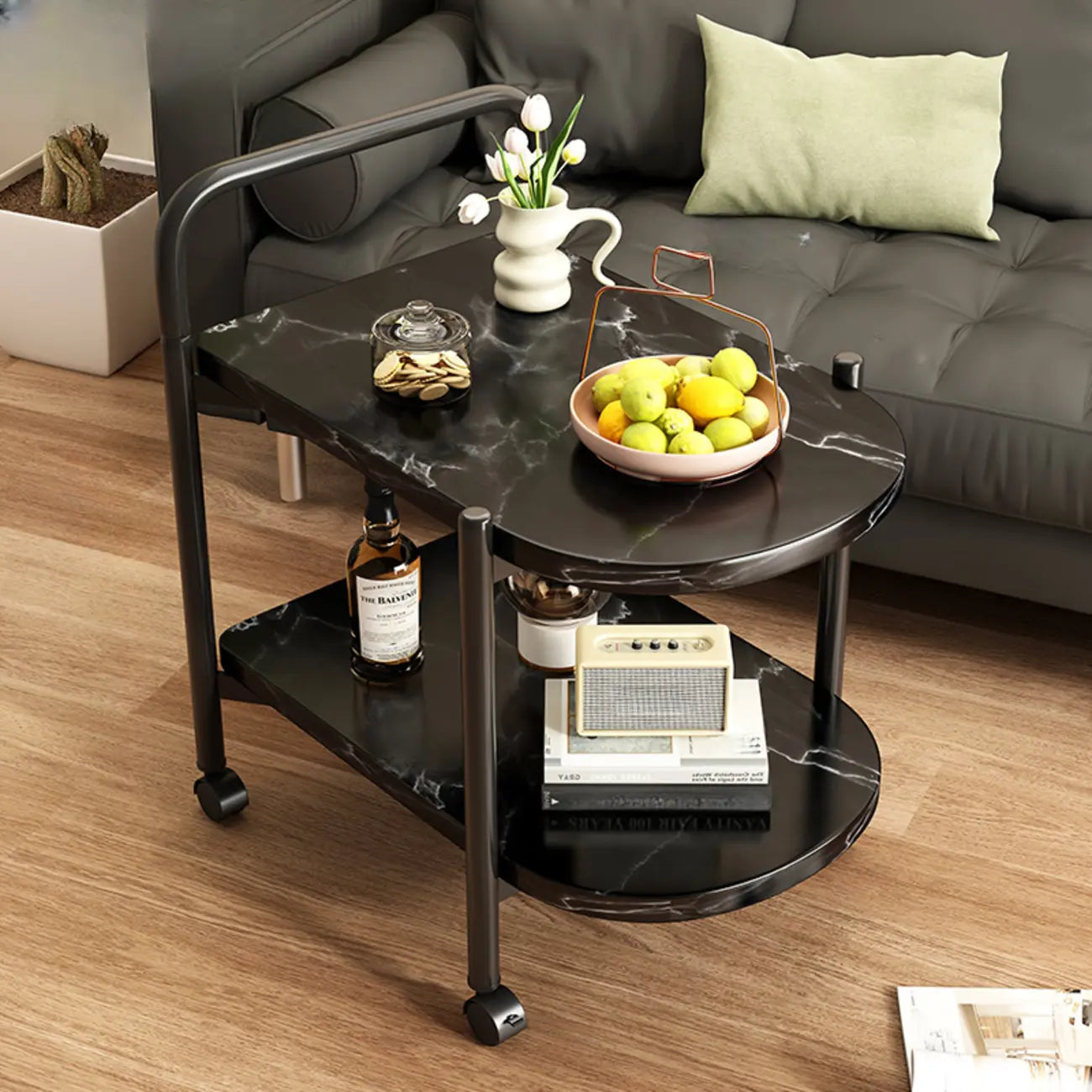 Table basse ronde moderne en bois à deux niveaux avec roulettes et plateau