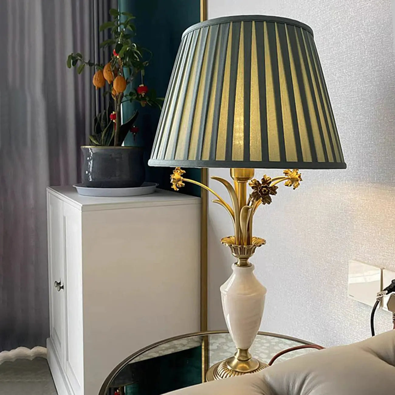 Lampe de table élégante en métal vert avec télécommande pour salon
