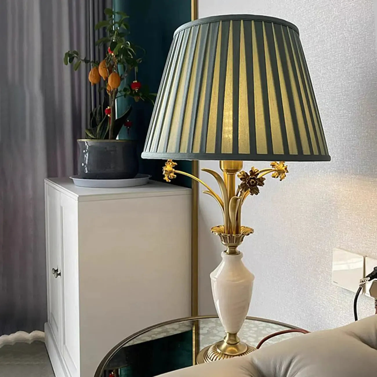 Lampe de table élégante en métal vert avec télécommande pour salon