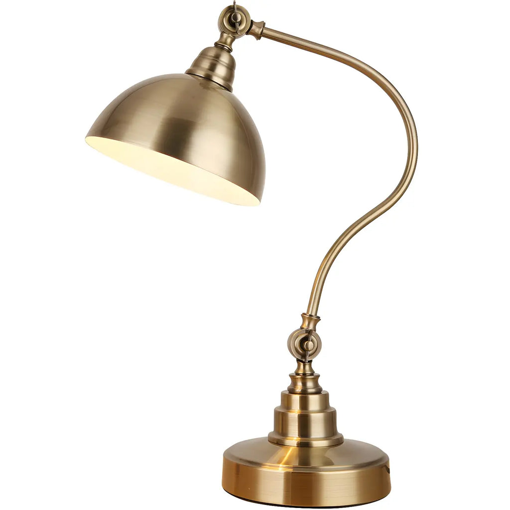 Lampe de table en laiton antique avec abat-jour en forme de bol arqué pour chambre à coucher
